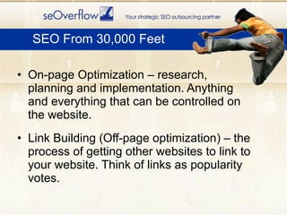 <ul><li>On-page Optimization – research, planning and implementation. Anything and everything that can be controlled on th...