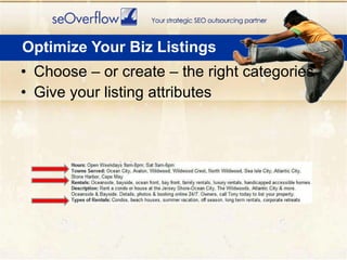 <ul><li>Choose – or create – the right categories </li></ul><ul><li>Give your listing attributes </li></ul>Optimize Your B...