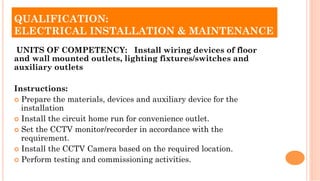 UNITS OF COMPETENCY: Install wiring devices of floor
and wall mounted outlets, lighting fixtures/switches and
auxiliary outlets
Instructions:
¢  Prepare the materials, devices and auxiliary device for the
installation
¢  Install the circuit home run for convenience outlet.
¢  Set the CCTV monitor/recorder in accordance with the
requirement.
¢  Install the CCTV Camera based on the required location.
¢  Perform testing and commissioning activities.
QUALIFICATION:
ELECTRICAL INSTALLATION & MAINTENANCE
 