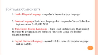 SOFTWARE COMPONENTS
1. Ladder Diagram Language – a symbolic instruction type language
2. Boolean Language- Basic level language that composed of three (3) Boolean
logic operation: AND, OR, NOT
4. English Statement Language – considered derivative of computer language
such as BASIC.
3. Functional Blocks Language – high level instructions that permit
the user to program more complex functions using the ladder
diagram format
 