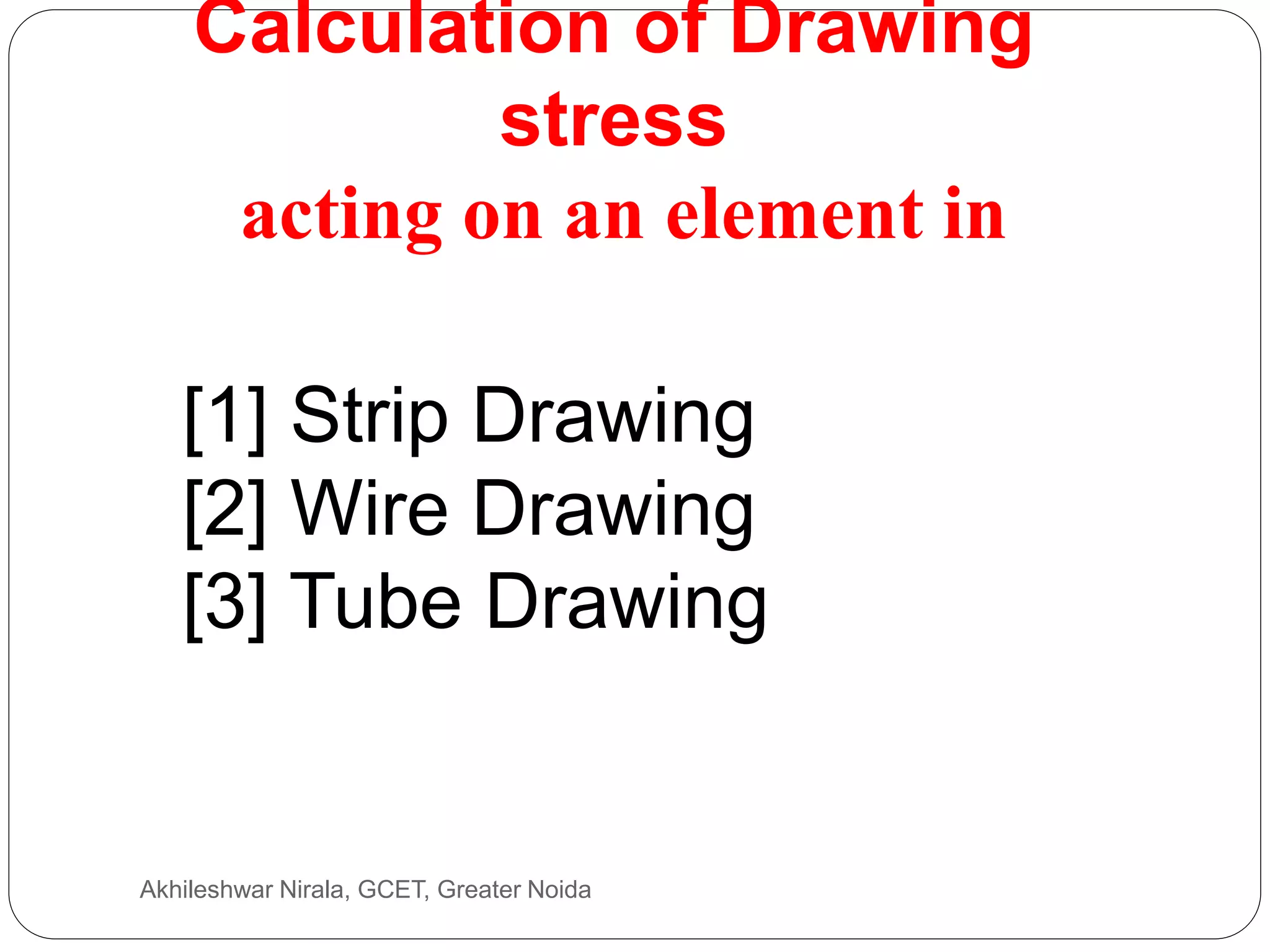 Calculation of Drawing
stress
acting on an element in
Akhileshwar Nirala, GCET, Greater Noida
[1] Strip Drawing
[2] Wire Drawing
[3] Tube Drawing
 