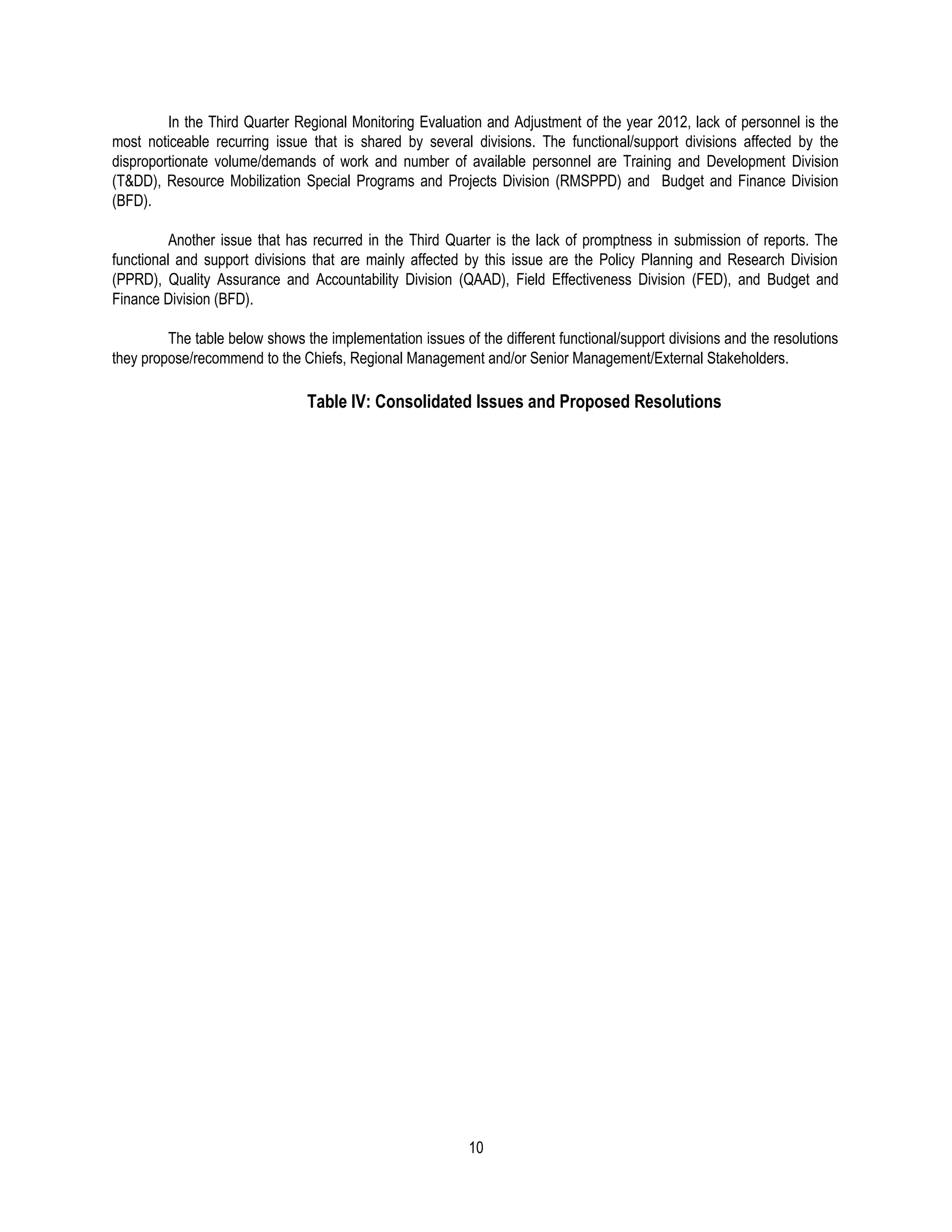 In the Third Quarter Regional Monitoring Evaluation and Adjustment of the year 2012, lack of personnel is the
most noticeable recurring issue that is shared by several divisions. The functional/support divisions affected by the
disproportionate volume/demands of work and number of available personnel are Training and Development Division
(T&DD), Resource Mobilization Special Programs and Projects Division (RMSPPD) and Budget and Finance Division
(BFD).

          Another issue that has recurred in the Third Quarter is the lack of promptness in submission of reports. The
functional and support divisions that are mainly affected by this issue are the Policy Planning and Research Division
(PPRD), Quality Assurance and Accountability Division (QAAD), Field Effectiveness Division (FED), and Budget and
Finance Division (BFD).

         The table below shows the implementation issues of the different functional/support divisions and the resolutions
they propose/recommend to the Chiefs, Regional Management and/or Senior Management/External Stakeholders.

                                Table IV: Consolidated Issues and Proposed Resolutions




                                                           10
 