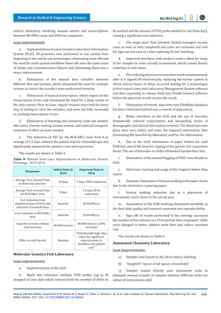 How to cite this article: Oppenheim B W, Kanter M H, Bueno O, Dizon V, Farnacio L M, et al. Lean Enablers for Clinical Laboratories. Res Med Eng Sci. 2(4).
RMES.000543. 2017. DOI: 10.31031/RMES.2017.02.000543
Research in Medical & Engineering Sciences
160
Res Med Eng Sci
clinical laboratory, involving manual entries and transcriptions
between MS Office tools and different computers.
Lean improvements
a. ImplementationofanewGeneticsLaboratoryInformation
System (GLIS). All processes now performed in one system from
beginning to the end by one technologist, eliminating hand offs and
the need for multi-system workflow. Hand offs were the main cause
of delays and communication failures and eliminating them was a
major improvement.
b. Elimination of the manual data transfers between
different files and systems, which eliminated the need for multiple
reviews to assure the transfers were performed correctly.
c. Elimination of manual transcription, which wiped out the
transcription errors and eliminated the need for a daily review of
the data entries. Prior to Lean, regular reviews were held for every
step of testing to catch the mistakes, and were not fully successful
in catching transcription errors.
d. Elimination of batching and inventory, tasks not needed,
idle states, rework, waiting, human motion, and material transport;
reduction of effort on tasks needed.
e. The reduction of TAT for the BCR-ABL1 tests from 8 to
average of 1.5 days reduced the patient wait for chemotherapy and
significantly improved the patient’s care and experience.
The results are shown in Table 4.
Table 4: Results from Lean Improvements in Molecular Genetic
Pathology, 2014-2016.
Parameter
Initial State in
2014
Improved State in
2016
Average Turn Around Time
in Molecular Genetics
10 days 5 days (50% reduction)
Average Turn Around Time
for BCR-ABL1 tests
8 days
1.5 days (81%
reduction)
Cost reduction from
implementation of GLIS and
reduction of manual labor
Baseline $250,000/yr.
Cost reduction in BCR-ABL1
tests
Baseline $100,000/yr.
Capacity increase without
staff increases
40,000 tests/yr.
48,000 tests/yr. (20%
increase)
Effect on staff morale Baseline
“Unbelievably high: they
value the significant
improvements in
workflow and patient
care”
Molecular Genetics Fish Laboratory
Lean improvements
a. Implementation of the GLIS,
b. Batch size reduction: multiple FISH probes (up to 8)
dropped on one slide which reduced both the number of slides to
be washed and the amount of FISH probe needed (to 1μL from 4μL),
causing a significant cost reduction.
c. The single piece flow initiated. Section managers receive
cases as soon as they completed and cases are reviewed and sent
for sign-out one case at a time replacing former batching.
d. Improved interfaces with medical centers allow for many
of the samples to come already accessioned, which caused drastic
reduction in wait times.
e. Theorderingphysicianreceivestestresultinstantaneously
after it is signed off electronically, replacing the former system in
which several hours of delay occurred waiting for a technologist
to first export cases into Laboratory Management System software
and then separately to release them into Health Connect software
before the physician would receive the result.
f. Elimination of rework: data entry into FileMaker database
has been eliminated (which was a rework of data entry).
g. Better interfaces in the GLIS and the use of barcodes
dramatically reduced transcription and misspelling errors of
demographic and clinical information on forms. The physicians now
place their own orders and enter the required information, thus
eliminating the searches by laboratory staff for the information.
h. Due to the GLIS, elimination of paper folders for each
FISH test, and of the need for copying of the genetic test requisition
forms. The use of barcodes on slides eliminated handwritten lists.
i. Elimination of the manual flagging of STAT cases thanks to
GLIS.
j. Electronic tracking and usage of the reagents before they
expire.
k. Dramatic elimination of human walking with paper charts
due to the electronics replacing paper.
l. Human walking reduction due to a placement of
instruments much closer to the set-up area.
m. Automation of the FISH washing eliminated variability in
the final slide quality and ensured consistent test reproducibility.
n. Sign offs of results performed in the evenings increased
the number of test releases in a 24 hr period. Also, employees’ shifts
were changed to better address work flow and reduce overtime
cost.
The results are shown in Table 5.
Automated Chemistry Laboratory
Lean Improvements:
a) Samples sent hourly to the lab to reduce batching
b) “Spaghetti” layout of lab spaces streamlined
c) Samples loaded directly onto instrument racks to
eliminate manual transfer of samples between different racks (on
subset of instruments only)
 