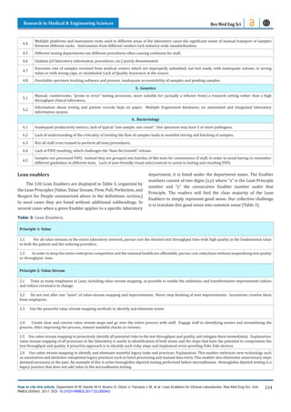 How to cite this article: Oppenheim B W, Kanter M H, Bueno O, Dizon V, Farnacio L M, et al. Lean Enablers for Clinical Laboratories. Res Med Eng Sci. 2(4).
RMES.000543. 2017. DOI: 10.31031/RMES.2017.02.000543
Research in Medical & Engineering Sciences
154
Res Med Eng Sci
4.4
Multiple platforms and instrument racks used in different areas of the laboratory cause the significant waste of manual transport of samples
between different racks. Instruments from different vendors lack industry-wide standardization.
4.5 Different testing departments use different procedures often causing confusion for staff.
4.6 Updates [of laboratory information, procedures, etc.] poorly disseminated.
4.7
Excessive rate of samples received from medical centers which are improperly submitted, not test ready, with inadequate volume, in wrong
tubes or with wrong caps, or mislabeled. Lack of Quality Assurance at the source.
4.8 Unreliable specimen tracking software and process; inadequate accountability of samples and pending samples.
5. Genetics
5.1
Manual, cumbersome, “prone to error” testing processes, more suitable for (actually a leftover from) a research setting rather than a high
throughput clinical laboratory.
5.2
Information about testing and patient records kept on paper. Multiple fragmented databases, no automated and integrated laboratory
information system.
6. Bacteriology
6.1 Inadequate productivity metrics, lack of typical “one sample, one count”. One specimen may have 3 or more pathogens.
6.2 Lack of understanding of the criticality of leveling the flow of samples leads to wasteful storing and batching of samples.
6.3 Not all staff cross trained to perform all tests/procedures.
6.4 Lack of FIFO resulting, which challenges the “Auto No Growth” release.
6.5
Samples not processed FIFO. Instead they are grouped into batches of like tests for convenience of staff, in order to avoid having to remember
different guidelines in different tests. Lack of user-friendly visual aids/controls to assist in testing and resulting FIFO.
Lean enablers
The 136 Lean Enablers are displayed in Table 3, organized by
the Lean Principles (Value, Value Stream, Flow, Pull, Perfection, and
Respect for People summarized above in the definitions section.)
In most cases they are listed without additional subheadings. In
several cases when a given Enabler applies to a specific laboratory
department, it is listed under the department name. The Enabler
numbers consist of two digits (x.y) where “x” is the Lean Principle
number and “y” the consecutive Enabler number under that
Principle. The readers will find the clear majority of the Lean
Enablers to simply represent good sense. Our collective challenge
is to translate this good sense into common sense (Table 3).
Table 3: Lean Enablers.
Principle 1: Value
1.1 For all value streams in the entire laboratory network, pursue cost the shortest test throughput time with high quality as the fundamental value
to both the patient and the ordering providers.
1.2 In order to keep the entire enterprise competitive and the national healthcare affordable, pursue cost reductions without jeopardizing test quality
or throughput time.
Principle 2: Value Stream
2.1 Train as many employees in Lean, including value stream mapping, as possible to enable the ambitious and transformative improvement culture
and reduce resistance to change.
2.2 Do not rest after one “wave” of value-stream mapping and improvements. Never stop thinking of next improvements. Incentivize creative ideas
from employees.
2.3 Use the powerful value stream mapping methods to identify and eliminate waste.
2.4 Create clear and concise value stream maps and go over the entire process with staff. Engage staff in identifying wastes and streamlining the
process. After improving the process, remove wasteful checks or reviews.
2.5 Use value stream mapping to proactively identify all potential risks to the test throughput and quality, and mitigate them immediately. Explanation:
value stream mapping of all processes in the laboratory is useful in identification of both waste and the steps that have the potential to compromise the
test throughput and quality. A proactive approach is to identify such risky steps and implement error-proofing Poka Yoke devices.
2.6 Use value stream mapping to identify and eliminate wasteful legacy tasks and practices. Explanation: This enabler embraces new technology such
as automation and abolishes suboptimal legacy practices such as batch processing and manual data entry. This enabler also eliminates unnecessary steps
deemed necessary in the past. An example of this is urine hemoglobin dipstick testing performed before microalbumin. Hemoglobin dipstick testing is a
legacy practice that does not add value to the microalbumin testing.
 