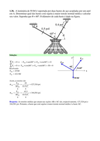 1.36. A luminária de 50 lbf é suportada por duas hastes de aço acopladas por um anel
em A. Determinar qual das hastes está sujeita à maior tensão normal média e calcular
seu valor. Suponha que θ = 60º. O diâmetro de cada haste é dado na figura.
Solução:
050)60(senF)60cos(F0F
0)60cos(F)60(senF0F
o
AC
o
ABy
o
AC
o
ABx
=−×+×⇒=
=×+×−⇒=
∑
∑
Resolvendo:
lbf3,43F
lbf25F
AC
AB
=
= x
y
FAB
θθθθ=60o
50 lbf
60o
FAC
Assim, as tensões são:
psi581,344
4
4,0
3,43
4
d
F
psi324,127
4
5,0
25
4
d
F
22
AC
AC
AC
22
AB
AB
AB
=
×π
=
π
=σ
=
×π
=
π
=σ
Resposta: As tensões médias que atuam nas seções AB e AC são, respectivamente, 127,324 psi e
344,581 psi. Portanto, a haste que está sujeita à maior tensão normal média é a haste AC.
 