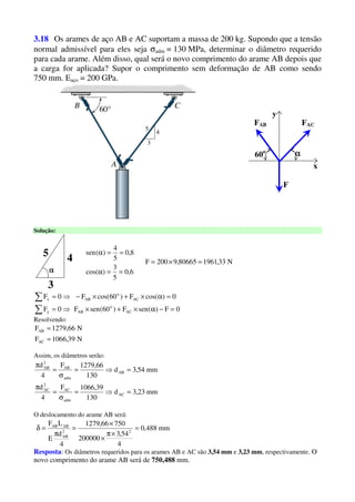 3.18 Os arames de aço AB e AC suportam a massa de 200 kg. Supondo que a tensão
normal admissível para eles seja σadm = 130 MPa, determinar o diâmetro requerido
para cada arame. Além disso, qual será o novo comprimento do arame AB depois que
a carga for aplicada? Supor o comprimento sem deformação de AB como sendo
750 mm. Eaço = 200 GPa.
x
y
FAB FAC
αααα
F
60o
Solução:
αααα
3
45
6,0
5
3
)cos(
8,0
5
4
)(sen
==α
==α
N33,196180665,9200F =×=
0F)(senF)60(senF0F
0)cos(F)60cos(F0F
AC
o
ABy
AC
o
ABx
=−α×+×⇒=
=α×+×−⇒=
∑
∑
Resolvendo:
N39,1066F
N66,1279F
AC
AB
=
=
Assim, os diâmetros serão:
mm23,3d
130
39,1066F
4
d
mm54,3d
130
66,1279F
4
d
AC
adm
AC
2
AC
AB
adm
AB
2
AB
=⇒=
σ
=
π
=⇒=
σ
=
π
O deslocamento do arame AB será:
mm488,0
4
54,3
200000
75066,1279
4
d
E
LF
22
AB
ABAB
=
×π
×
×
=
π
=δ
Resposta: Os diâmetros requeridos para os arames AB e AC são 3,54 mm e 3,23 mm, respectivamente. O
novo comprimento do arame AB será de 750,488 mm.
 