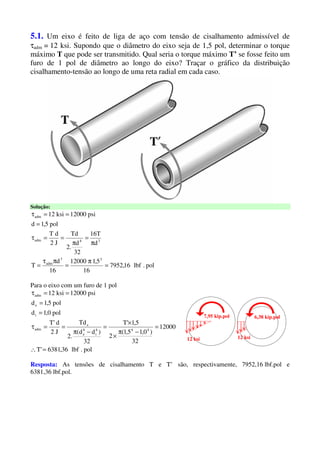 5.1. Um eixo é feito de liga de aço com tensão de cisalhamento admissível de
τadm = 12 ksi. Supondo que o diâmetro do eixo seja de 1,5 pol, determinar o torque
máximo T que pode ser transmitido. Qual seria o torque máximo T’ se fosse feito um
furo de 1 pol de diâmetro ao longo do eixo? Traçar o gráfico da distribuição
cisalhamento-tensão ao longo de uma reta radial em cada caso.
Solução:
pol.lbf16,7952
16
5,112000
16
d
T
d
T16
32
d
.2
Td
J2
dT
pol5,1d
psi12000ksi12
33
adm
34adm
adm
=
π
=
πτ
=
π
=
π
==τ
=
==τ
Para o eixo com um furo de 1 pol
pol.lbf36,6381'T
12000
32
)0,15,1(
2
5,1'T
32
)dd(
.2
Td
J2
d'T
pol0,1d
pol5,1d
psi12000ksi12
444
i
4
e
e
adm
i
e
adm
=∴
=
−π
×
×
=
−π
==τ
=
=
==τ
12 ksi 12 ksi
7,95 kip.pol 6,38 kip.pol
Resposta: As tensões de cisalhamento T e T’ são, respectivamente, 7952,16 lbf.pol e
6381,36 lbf.pol.
 