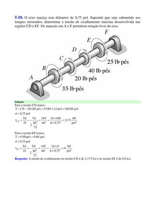5.10. O eixo maciço tem diâmetro de 0,75 pol. Supondo que seja submetido aos
torques mostrados, determinar a tensão de cisalhamento máxima desenvolvida nas
regiões CD e EF. Os mancais em A e F permitem rotação livre do eixo.
Solução:
Para o trecho CD temos:
2334CD
pol
lbf
2173
75,0
18016
d
T16
32
d
.2
Td
J2
Td
pol75,0d
pol.lbf180pol12lbf15pés.lbf)2035(T
=
×π
×
=
π
=
π
==τ
=
=×=−=
Para o trecho EF temos:
2334EF
pol
lbf
0
75,0
016
d
T16
32
d
.2
Td
J2
Td
pol75,0d
pol.lbf0pés.lfb0T
=
×π
×
=
π
=
π
==τ
=
==
Resposta: A tensão de cisalhamento no trecho CD é de 2,173 ksi e no trecho EF é de 0,0 ksi.
 