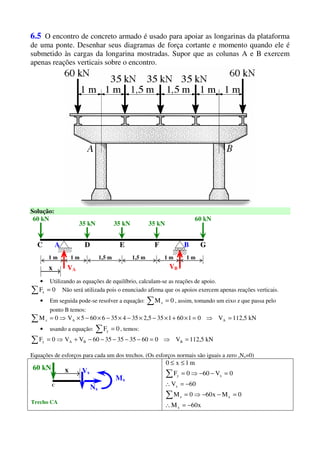 6.5 O encontro de concreto armado é usado para apoiar as longarinas da plataforma
de uma ponte. Desenhar seus diagramas de força cortante e momento quando ele é
submetido às cargas da longarina mostradas. Supor que as colunas A e B exercem
apenas reações verticais sobre o encontro.
Solução:
A
60 kN
1 m
B
VA VBx
35 kN
1 m 1,5 m 1 m 1 m1,5 m
60 kN
35 kN 35 kN
C D E F G
• Utilizando as equações de equilíbrio, calculam-se as reações de apoio.
∑ = 0Fx Não será utilizada pois o enunciado afirma que os apoios exercem apenas reações verticais.
• Em seguida pode-se resolver a equação: ∑ = 0Mz , assim, tomando um eixo z que passa pelo
ponto B temos:
kN5,112V01601355,2354356605V0M AAz =⇒=×+×−×−×−×−×⇒=∑
• usando a equação: ∑ = 0Fy , temos:
kN5,112V06035353560VV0F BBAy =⇒=−−−−−+⇒=∑
Equações de esforços para cada um dos trechos. (Os esforços normais são iguais a zero ,Nx=0)
C
x
Mx
Nx
Vx
Trecho CA
60 kN
x60M
0Mx600M
60V
0V600F
m1x0
x
xz
x
xy
−=∴
=−−⇒=
−=∴
=−−⇒=
≤≤
∑
∑
 