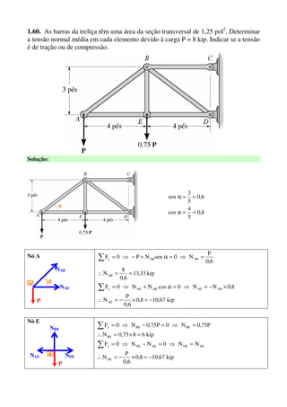 1.60. As barras da treliça têm uma área da seção transversal de 1,25 pol2
. Determinar
a tensão normal média em cada elemento devido à carga P = 8 kip. Indicar se a tensão
é de tração ou de compressão.
Solução:
αααα
8,0
5
4
cos
6,0
5
3
sen
==α
==α
Nó A
ααααA
P
NAE
NAB
kip67,108,0
6,0
P
N
8,0NN0cosNN0F
kip33,13
6,0
8
N
6,0
P
N0senNP0F
AE
ABAEABAEx
AB
ABABy
−=×−=∴
×−=⇒=α+⇒=
==∴
=⇒=α+−⇒=
∑
∑
Nó E
NBE
NDE
ENAE
P
kip67,108,0
6,0
P
N
NN0NN0F
kip6875,0N
P75,0N0P75,0N0F
DE
AEDEAEDEx
BE
BEBEy
−=×−=∴
=⇒=−⇒=
=×=∴
=⇒=−⇒=
∑
∑
 