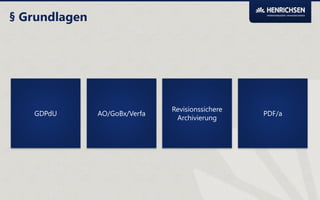 § Grundlagen

GDPdU

AO/GoBx/Verfa

Revisionssichere
Archivierung

PDF/a

 
