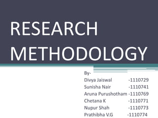 RESEARCH
METHODOLOGY
ByDivya Jaiswal
-1110729
Sunisha Nair
-1110741
Aruna Purushotham -1110769
Chetana K
-1110771
Nupur Shah
-1110773
Prathibha V.G
-1110774

 