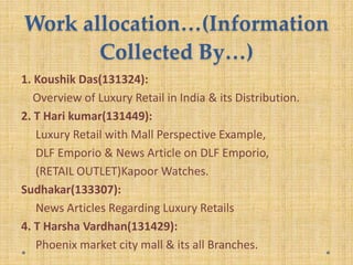 Work allocation…(Information
Collected By…)
1. Koushik Das(131324):
Overview of Luxury Retail in India & its Distribution.
2. T Hari kumar(131449):
Luxury Retail with Mall Perspective Example,
DLF Emporio & News Article on DLF Emporio,
(RETAIL OUTLET)Kapoor Watches.
Sudhakar(133307):
News Articles Regarding Luxury Retails
4. T Harsha Vardhan(131429):
Phoenix market city mall & its all Branches.
 