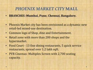 PHOENIX MARKET CITY MALL
• BRANCHES :Mumbai, Pune, Chennai, Bangalore.
• Phoenix Market city has been envisioned as a dynamic new
retail-led mixed-use destination.
• Common logo of Shop, dine and Entertainment.
• Retail zone with more than 200 shops and the
hypermarket.
• Food Court - 13 fine dining restaurants, 5 quick service
restaurants, spread over 1.2 lakh sqft.
• PVR Cinemas- Multiplex Screen with 2,700 seating
capacity.
 