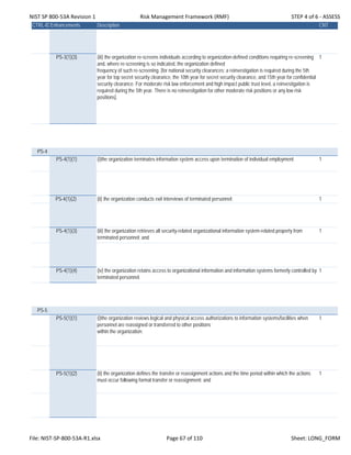 NIST SP 800‐53A Revision 1 Risk Management Framework (RMF) STEP 4 of 6 ‐ ASSESS
CTRL-IDEnhancements Description CNT
PS-3(1)(3) (iii) the organization re-screens individuals according to organization-defined conditions requiring re-screening
and, where re-screening is so indicated, the organization defined
frequency of such re-screening. [for national security clearances; a reinvestigation is required during the 5th
year for top secret security clearance, the 10th year for secret security clearance, and 15th year for confidential
security clearance. For moderate risk law enforcement and high impact public trust level, a reinvestigation is
required during the 5th year. There is no reinvestigation for other moderate risk positions or any low risk
positions].
1
PS-4
PS-4(1)(1) (i)the organization terminates information system access upon termination of individual employment; 1
PS-4(1)(2) (ii) the organization conducts exit interviews of terminated personnel; 1
PS-4(1)(3) (iii) the organization retrieves all security-related organizational information system-related property from
terminated personnel; and
1
PS-4(1)(4) (iv) the organization retains access to organizational information and information systems formerly controlled by
terminated personnel.
1
PS-5
PS-5(1)(1) (i)the organization reviews logical and physical access authorizations to information systems/facilities when
personnel are reassigned or transferred to other positions
within the organization;
1
PS-5(1)(2) (ii) the organization defines the transfer or reassignment actions and the time period within which the actions
must occur following formal transfer or reassignment; and
1
File: NIST‐SP‐800‐53A‐R1.xlsx Page 67 of 110 Sheet: LONG_FORM
 