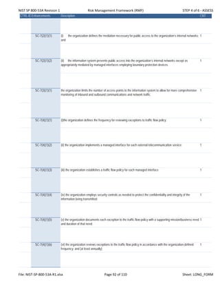 NIST SP 800‐53A Revision 1 Risk Management Framework (RMF) STEP 4 of 6 ‐ ASSESS
CTRL-IDEnhancements Description CNT
SC-7(2)(1)(1) (i) the organization defines the mediation necessary for public access to the organization’s internal networks;
and
1
SC-7(2)(1)(2) (ii) the information system prevents public access into the organization’s internal networks except as
appropriately mediated by managed interfaces employing boundary protection devices.
1
SC-7(3)(1)(1) the organization limits the number of access points to the information system to allow for more comprehensive
monitoring of inbound and outbound communications and network traffic.
1
SC-7(4)(1)(1) (i)the organization defines the frequency for reviewing exceptions to traffic flow policy; 1
SC-7(4)(1)(2) (ii) the organization implements a managed interface for each external telecommunication service; 1
SC-7(4)(1)(3) (iii) the organization establishes a traffic flow policy for each managed interface 1
SC-7(4)(1)(4) (iv) the organization employs security controls as needed to protect the confidentiality and integrity of the
information being transmitted;
1
SC-7(4)(1)(5) (v) the organization documents each exception to the traffic flow policy with a supporting mission/business need
and duration of that need;
1
SC-7(4)(1)(6) (vi) the organization reviews exceptions to the traffic flow policy in accordance with the organization-defined
frequency; and [at least annually];
1
File: NIST‐SP‐800‐53A‐R1.xlsx Page 92 of 110 Sheet: LONG_FORM
 