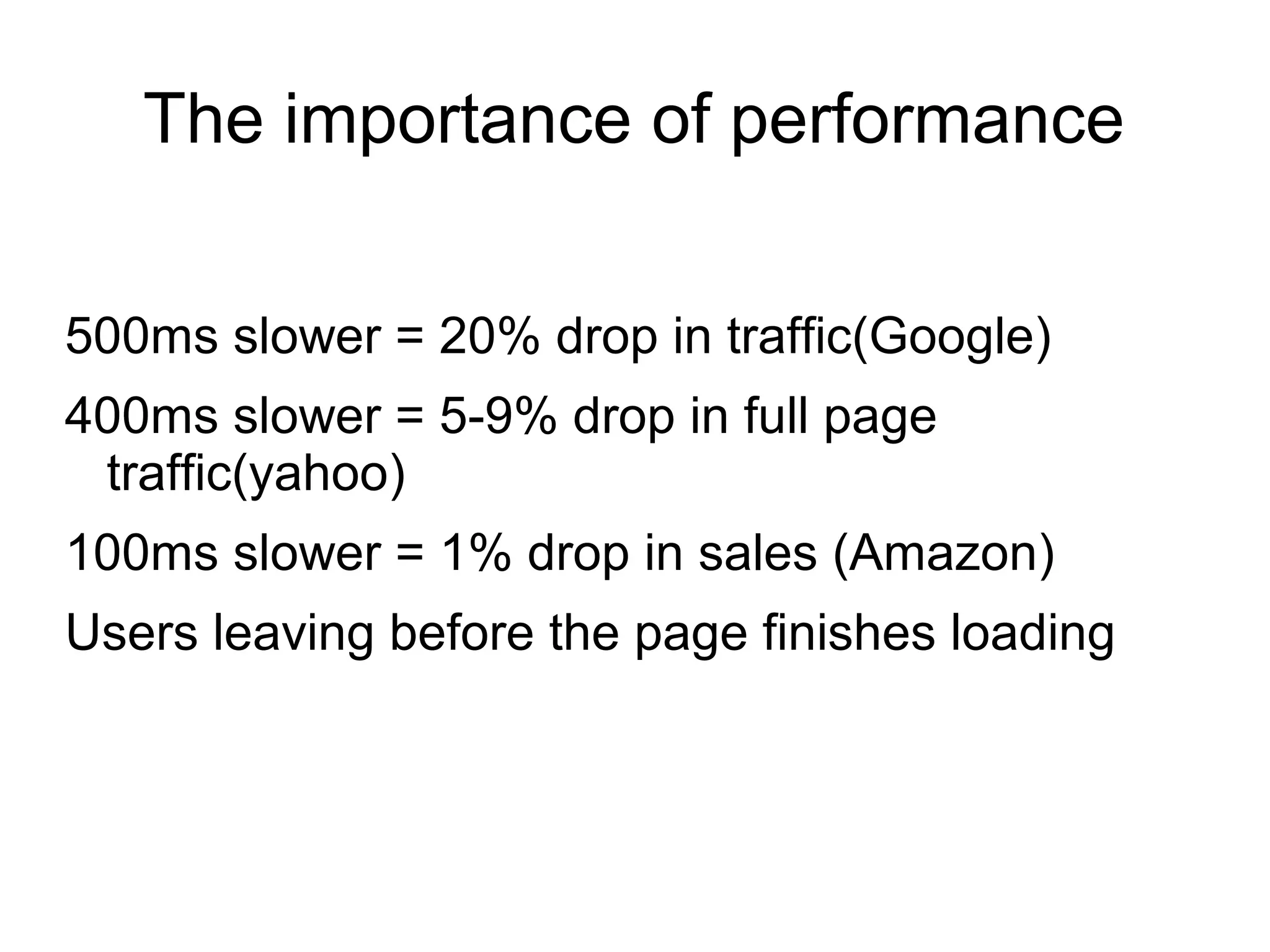 The importance of performance
500ms slower = 20% drop in traffic(Google)
400ms slower = 5-9% drop in full page
traffic(yahoo)
100ms slower = 1% drop in sales (Amazon)
Users leaving before the page finishes loading
 
