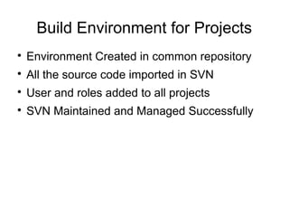 Build Environment for Projects

Environment Created in common repository

All the source code imported in SVN

User and roles added to all projects

SVN Maintained and Managed Successfully
 