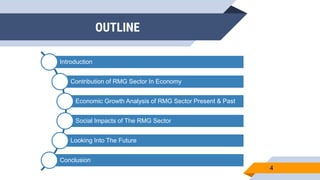 OUTLINE
4
Introduction
Contribution of RMG Sector In Economy
Economic Growth Analysis of RMG Sector Present & Past
Social Impacts of The RMG Sector
Looking Into The Future
Conclusion
 