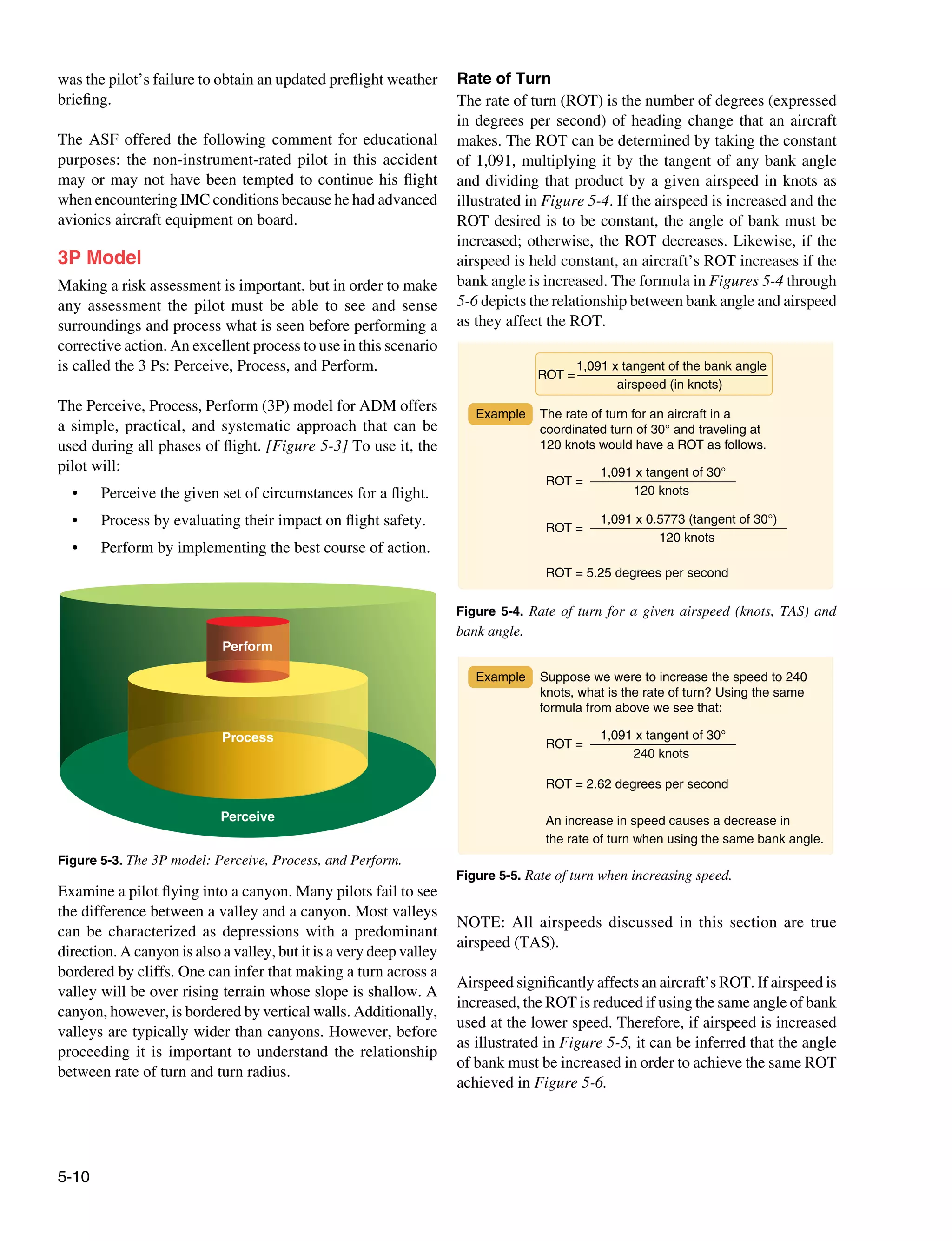 5-10
Figure 5-3. The 3P model: Perceive, Process, and Perform.
Perceive
Process
Perform
Rate of turn for a given airspeed (knots, TAS)
and bank angle
1,091 x tangent of the bank angle
airspeed (in knots)
ROT =
1,091 x tangent of 30°
120 knots
ROT =
1,091 x 0.5773 (tangent of 30°)
120 knots
ROT =
ROT = 5.25 degrees per second
Example The rate of turn for an aircraft in a
coordinated turn of 30° and traveling at
120 knots would have a ROT as follows.
Figure 5-4. Rate of turn for a given airspeed (knots, TAS) and
bank angle.
Increase in the speed
1,091 x tangent of 30°
240 knots
ROT =
ROT = 2.62 degrees per second
An increase in speed causes a decrease in
the rate of turn when using the same bank angle.
Example Suppose we were to increase the speed to 240
knots, what is the rate of turn? Using the same
formula from above we see that:
Figure 5-5. Rate of turn when increasing speed.
was the pilot’s failure to obtain an updated preflight weather
briefing.
The ASF offered the following comment for educational
purposes: the non-instrument-rated pilot in this accident
may or may not have been tempted to continue his flight
when encountering IMC conditions because he had advanced
avionics aircraft equipment on board.
3P Model
Making a risk assessment is important, but in order to make
any assessment the pilot must be able to see and sense
surroundings and process what is seen before performing a
corrective action. An excellent process to use in this scenario
is called the 3 Ps: Perceive, Process, and Perform.
The Perceive, Process, Perform (3P) model for ADM offers
a simple, practical, and systematic approach that can be
used during all phases of flight. [Figure 5-3] To use it, the
pilot will:
• 	 Perceive the given set of circumstances for a flight.
• 	 Process by evaluating their impact on flight safety.
• 	 Perform by implementing the best course of action.
Examine a pilot flying into a canyon. Many pilots fail to see
the difference between a valley and a canyon. Most valleys
can be characterized as depressions with a predominant
direction. A canyon is also a valley, but it is a very deep valley
bordered by cliffs. One can infer that making a turn across a
valley will be over rising terrain whose slope is shallow. A
canyon, however, is bordered by vertical walls. Additionally,
valleys are typically wider than canyons. However, before
proceeding it is important to understand the relationship
between rate of turn and turn radius.
Rate of Turn
The rate of turn (ROT) is the number of degrees (expressed
in degrees per second) of heading change that an aircraft
makes. The ROT can be determined by taking the constant
of 1,091, multiplying it by the tangent of any bank angle
and dividing that product by a given airspeed in knots as
illustrated in Figure 5-4. If the airspeed is increased and the
ROT desired is to be constant, the angle of bank must be
increased; otherwise, the ROT decreases. Likewise, if the
airspeed is held constant, an aircraft’s ROT increases if the
bank angle is increased. The formula in Figures 5-4 through
5-6 depicts the relationship between bank angle and airspeed
as they affect the ROT.
NOTE: All airspeeds discussed in this section are true
airspeed (TAS).
Airspeed significantly affects an aircraft’s ROT. If airspeed is
increased, the ROT is reduced if using the same angle of bank
used at the lower speed. Therefore, if airspeed is increased
as illustrated in Figure 5-5, it can be inferred that the angle
of bank must be increased in order to achieve the same ROT
achieved in Figure 5-6.
 