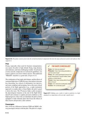 6-12
Figure 6-17. Making sure a pilot is ready to perform to a high
standard is as important as the aircraft—maybe more!
Illness—Do I have any symptoms?
Medication—Have I been taking prescription or
over-the-counter drugs?
Stress—Am I under psychological pressure from
the job? Worried about financial matters, health
problems, or family discord?
Alcohol—Have I been drinking within 8 hours?
Within 24 hours?
Fatigue—Am I tired and not adequately rested?
Emotion—Am I emotionally upset?
I'M SAFE CHECKLIST
y y p
g
g p p
j ,
p y g p
g
p , y
g
Figure 6-16. The plane consists of not only the normal mechanical components but also the many advanced systems and software that
supports it.
Advanced System
Pilot
Flying, especially when used for business transportation,
can expose the pilot to high altitude flying, long distance
and endurance, and more challenging weather. An advanced
avionics aircraft, simply due to its advanced capabilities, can
expose a pilot to even more of these stresses. The traditional
“IMSAFE” checklist is a good start. [Figure 6-17]
The combination of late night, pilot fatigue, and the effects of
sustained flight above 5,000 feet may cause pilots to become
less discerning, less critical of information, less decisive,
and more compliant and accepting. Just as the most critical
portion of the flight approaches (e.g., a night instrument
approach in weather after a 4-hour flight), the pilot’s guard
is down the most. The 5P process helps a pilot recognize
the physiological situation at the end of the flight before
takeoff and continues to update personal conditions as the
flight progresses. Once risks are identified, the pilot is better
equipped to make alternate plans that lessen the effects of
these factors and provide a safer solution.
Passengers
One of the key differences between CRM and SRM is the
way passengers interact with the pilot. The pilot of a single-
 