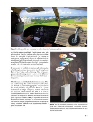 6-7
Figure 6-8. The pilot must continually juggle various facets of
flight, which can become overwhelming. The ability to prioritize,
manage inflight challenges, and digest information makes the pilot
a better professional.
Figure 6-7. When possible, have a passenger reconfirm that critical tasks are completed.
activity has been accomplished. For this reason, many solo
pilots read the checklist out loud; when they reach critical
items, they touch the switch or control. For example, to
ascertain the landing gear is down, the pilot can read the
checklist and hold the gear handle down until there are three
green lights. This tactile process of verbally communicating
coupled with a physical action are most beneficial.
It is necessary for a pilot to have a thorough understanding
of all the equipment and systems in the aircraft being flown.
Lack of knowledge, such as knowing if the oil pressure
gauge is direct reading or uses a sensor, is the difference
between making a wise decision or poor one that leads to a
tragic error.
Checklists are essential flight deck internal resources. They
are used to verify that aircraft instruments and systems
are checked, set, and operating properly. They also ensure
the proper procedures are performed if there is a system
malfunction or inflight emergency. Students reluctant to
use checklists can be reminded that pilots at all levels of
experience refer to checklists, and that the more advanced the
aircraft is, the more crucial checklists become. In addition, the
pilot’s operating handbook (POH) is required to be carried on
board the aircraft and is essential for accurate flight planning
and resolving inflight equipment malfunctions. However, the
ability to manage workload is the most valuable resource a
pilot has. [Figure 6-8]
 
