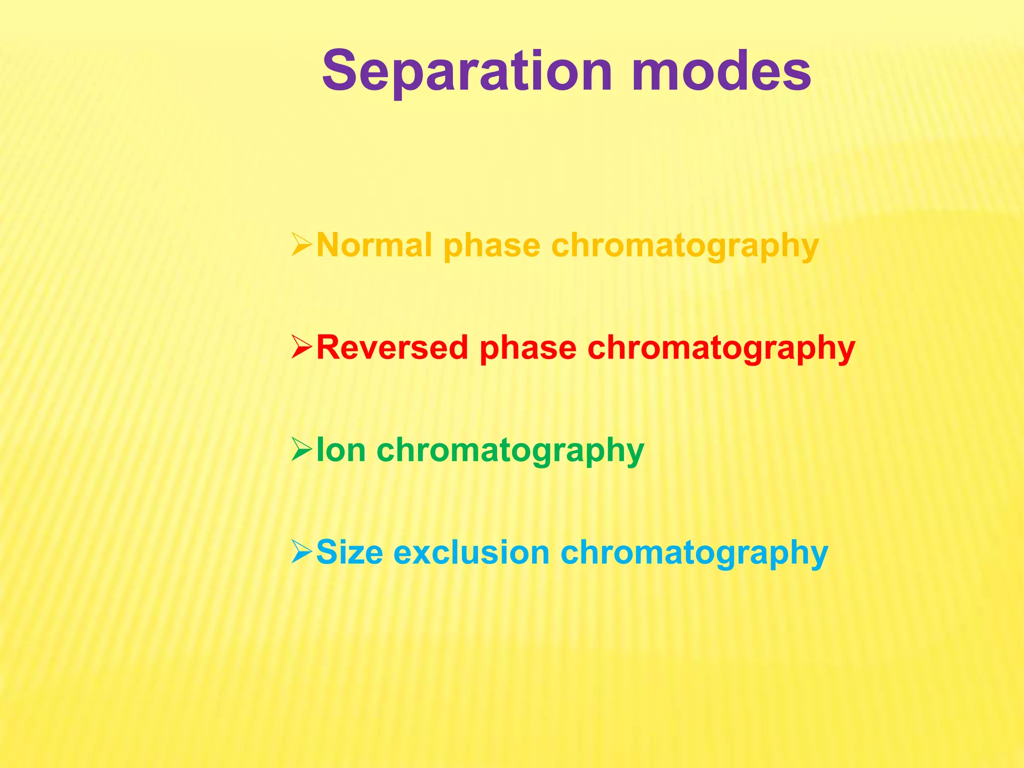 Separation modes
Normal phase chromatography
Reversed phase chromatography
Ion chromatography
Size exclusion chromatography
 