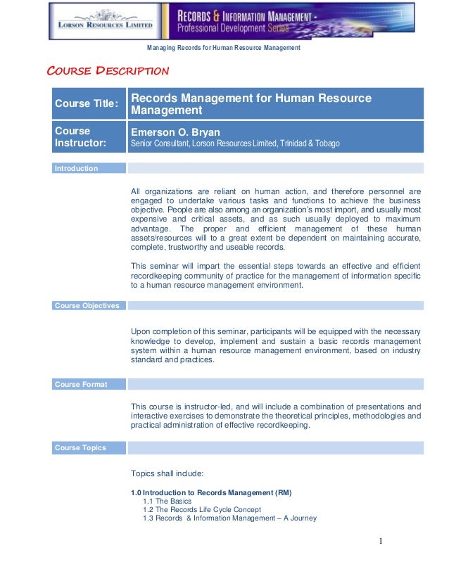 Course Outline Records Management Procedures for Managing Corporate…