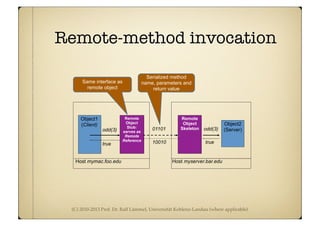 (C) 2010-2013 Prof. Dr. Ralf Lämmel, Universität Koblenz-Landau (where applicable)
Remote-method invocation
Host mymac.foo.edu Host myserver.bar.edu
Object1
(Client) Object2
(Server)
Remote
Object
Stub:
serves as
Remote
Reference
odd(3) 01101 odd(3)
true10010true
Same interface as
remote object
Serialized method
name, parameters and
return value
Remote
Object
Skeleton
 