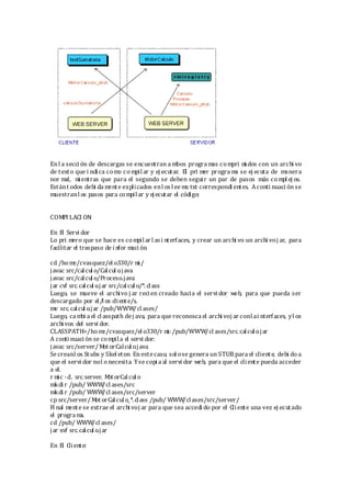 Enl a secci ón de descargas se encuentran a mbos progra mas compri mi dos con un archi vo
de texto que i ndica como compil ar y ej ecutar. El pri mer progra ma se ej ecuta de manera
nor mal, mi entras que para el segundo se deben seguir un par de pasos más compl ej os.
Estánt odos debi da mente explicados enl os l ee me. txt correspondi entes. Aconti nuaci ón se
muestranl os pasos para compil ar y ejecutar el código:
COMPI LACI ON:
En El Servi dor
Lo pri mero que se hace es compil ar l as i nterfaces, y crear un archi vo un archi voj ar, para
facilitar el traspaso de i nfor maci ón.
cd /home/cvasquez/el o330/r mi /
javac src/calcul o/Calcul o.java
javac src/calcul o/Proceso.java
jar cvf src. calcul o.jar src/calcul o/*. class
Luego, se mueve el archivo j ar recien creado hacia el servi dor web, para que pueda ser
descargado por el/l os cliente/s.
mv src. calcul o.jar /pub/WWW/cl ases/
Luego, ca mbi a el cl asspath dej ava, para que reconosca el archi voj ar conl ai nterfaces, yl os
archi vos del servi dor.
CLASSPATH=/ho me/cvasquez/el o330/r mi: /pub/WWW/cl ases/src. calcul o.jar
A conti nuaci ón se compil a el servi dor:
javac src/server/MotorCalcul o.java
Se creanl os Stubs y Skel eton. En estecaso, sol ose genera un STUB para el cliente, debi do a
que el servi dor nol o necesita. Yse copi a al servi dor web, para que el cliente pueda acceder
a el.
r mi c -d. src. server. MotorCal cul o
mkdi r /pub/ WWW/cl ases/src
mkdi r /pub/ WWW/cl ases/src/server
cp src/server/Mot orCalculo_*. class /pub/ WWW/clases/src/server/
Fi nal mente se extrae el archi voj ar para que sea accedi do por el Cliente una vez ej ecutado
el progra ma.
cd /pub/ WWW/cl ases/
jar xvf src. calcul o.jar
En El Cliente:
 