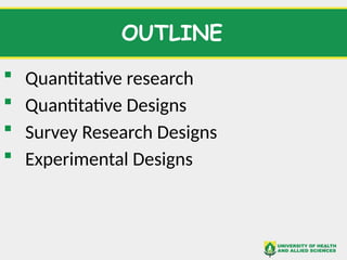 Quantitative Reseach Designs Comprehensive Overview of Quantitative Research Designs and Methods | PPTX