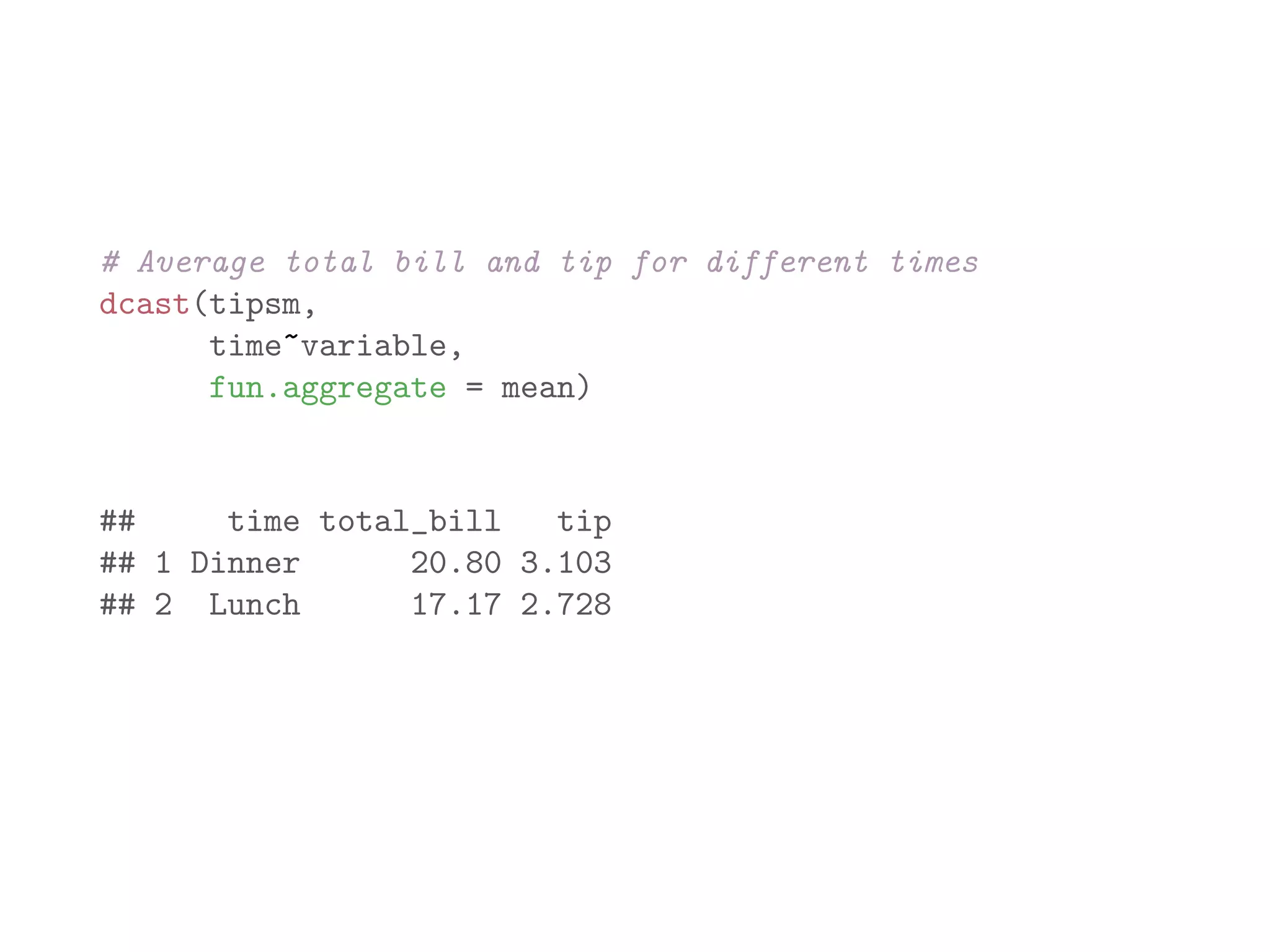 # Average total bill and tip for different times dcast(tipsm, time~variable, fun.aggregate = mean) ## time total_bill tip ## 1 Dinner 20.80 3.103 ## 2 Lunch 17.17 2.728 