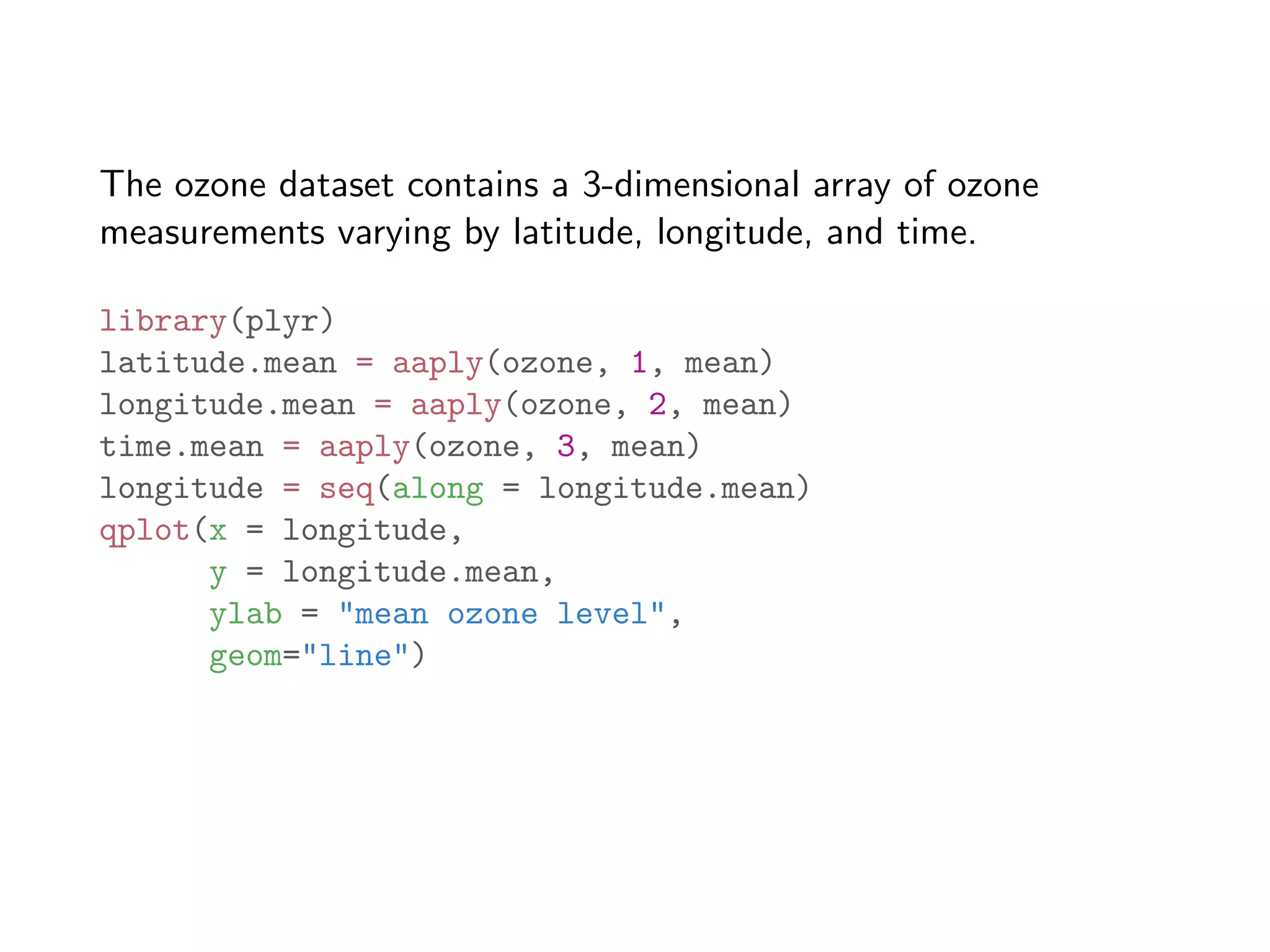 The ozone dataset contains a 3-dimensional array of ozone measurements varying by latitude, longitude, and time. library(plyr) latitude.mean = aaply(ozone, 1, mean) longitude.mean = aaply(ozone, 2, mean) time.mean = aaply(ozone, 3, mean) longitude = seq(along = longitude.mean) qplot(x = longitude, y = longitude.mean, ylab = "mean ozone level", geom="line") 
