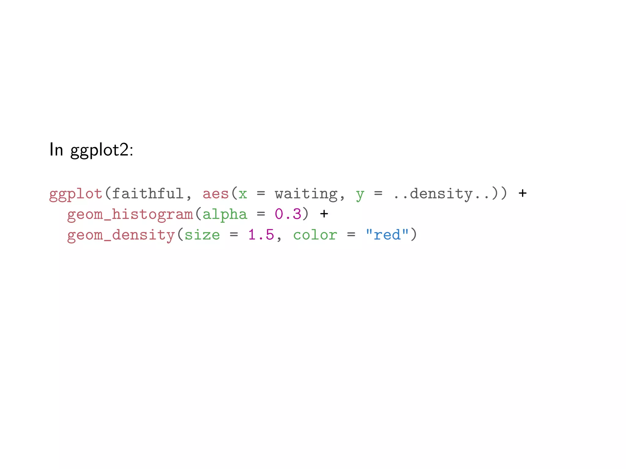 In ggplot2: ggplot(faithful, aes(x = waiting, y = ..density..)) + geom_histogram(alpha = 0.3) + geom_density(size = 1.5, color = "red") 