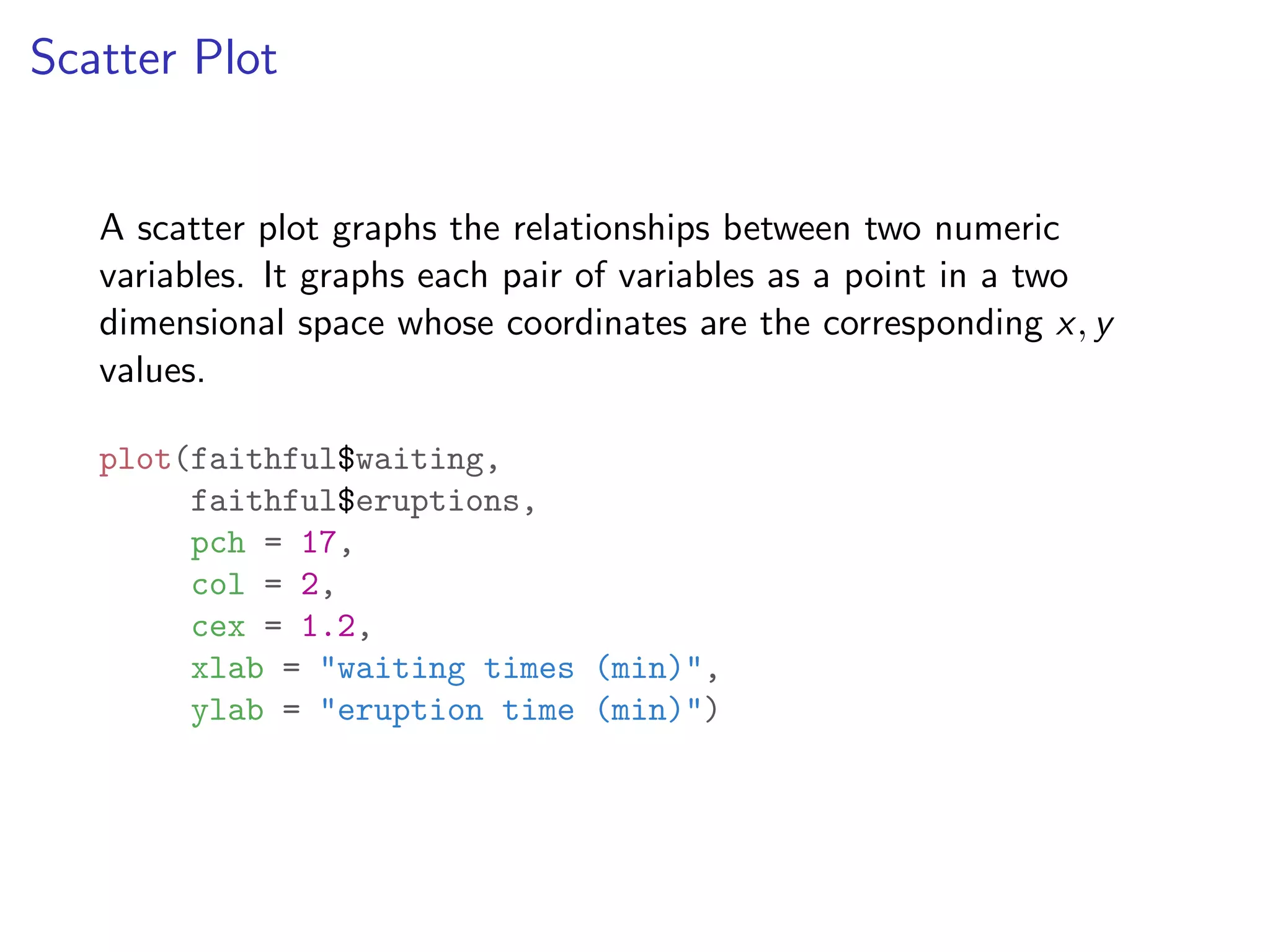 Scatter Plot A scatter plot graphs the relationships between two numeric variables. It graphs each pair of variables as a point in a two dimensional space whose coordinates are the corresponding x, y values. plot(faithful$waiting, faithful$eruptions, pch = 17, col = 2, cex = 1.2, xlab = "waiting times (min)", ylab = "eruption time (min)") 