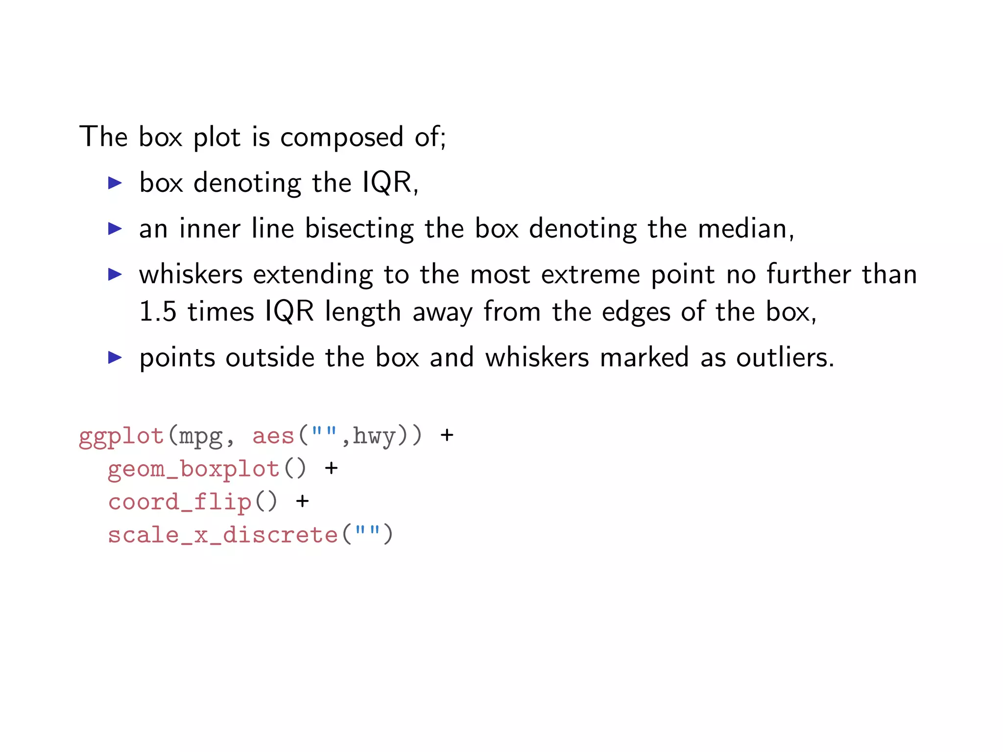 The box plot is composed of; I box denoting the IQR, I an inner line bisecting the box denoting the median, I whiskers extending to the most extreme point no further than 1.5 times IQR length away from the edges of the box, I points outside the box and whiskers marked as outliers. ggplot(mpg, aes("",hwy)) + geom_boxplot() + coord_flip() + scale_x_discrete("") 