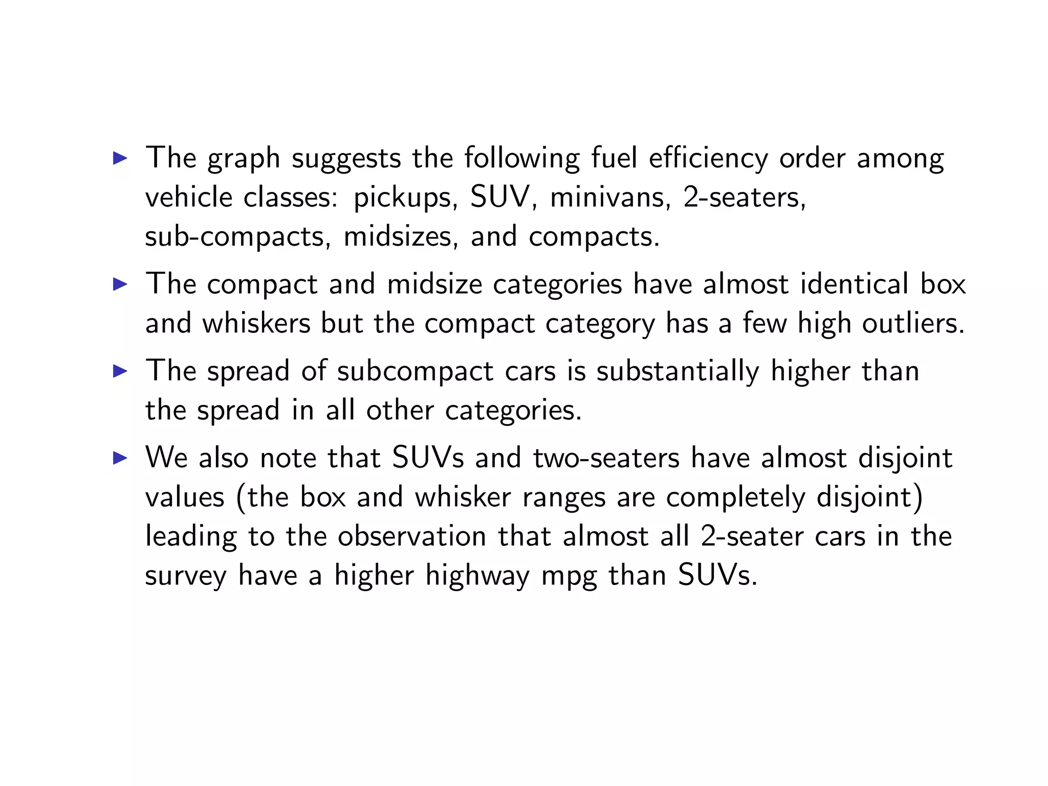 I The graph suggests the following fuel e ciency order among vehicle classes: pickups, SUV, minivans, 2-seaters, sub-compacts, midsizes, and compacts. I The compact and midsize categories have almost identical box and whiskers but the compact category has a few high outliers. I The spread of subcompact cars is substantially higher than the spread in all other categories. I We also note that SUVs and two-seaters have almost disjoint values (the box and whisker ranges are completely disjoint) leading to the observation that almost all 2-seater cars in the survey have a higher highway mpg than SUVs. 
