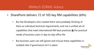 RIMtech EDRMS Advice
• SharePoint delivers 72 of 105 key RM capabilities (69%)
• But the Developers who created them were probably thinking of
them as individual technical requirements, and not a unified set of
capabilities that meet international RM best practices & the practical
needs of business users in day-to-day office life
• But business users can still ignore and misuse these capabilities in
isolated sites if governance isn’t in place
 