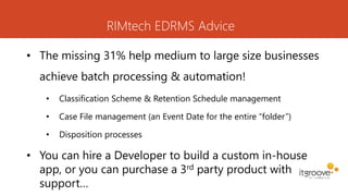 RIMtech EDRMS Advice
• The missing 31% help medium to large size businesses
achieve batch processing & automation!
• Classification Scheme & Retention Schedule management
• Case File management (an Event Date for the entire “folder”)
• Disposition processes
• You can hire a Developer to build a custom in-house
app, or you can purchase a 3rd party product with
support…
 