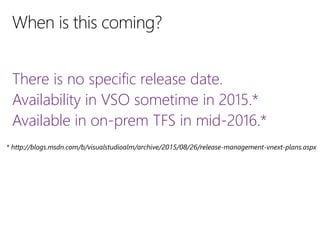 There is no specific release date.
Availability in VSO sometime in 2015.*
Available in on-prem TFS in mid-2016.*
 
