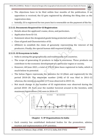 RM & IPR (21RMI56) - Module 5: Industrial Designs (ID), Geographical Indications(GI) And Case Studies On Patents
Dr. Suresha V, Professor, Dept. of E&C. K V G C E, Sullia, D.K-57432 Page 13
o The objections have to be filed within four months of the publication. If no
opposition is received, the GI gets registered by allotting the filing date as the
registration date.
o Initially, GI is registered for ten years but is renewable on the payment of the fee.
2.5.12. Documents Required for GI Registration
o Details about the applicant‘s name, dress, and particulars.
o Application form GI-1A.
o Statement about the designated goods being protected under GI.
o Class of good and Characteristics of GI.
o Affidavit to establish the claim of genuinely representing the interest of the
producers. Finally, the special human skill required (if any).
2.5.13. GI Ecosystem in India
o India is among the geographically and traditionally rich countries.
o The scope of generating GI products in India is enormous. These products can
contribute to the economic development of a particular region or society.
o However, till June 2021, a total of 370 GI have been registered in India, which is
much below its potential.
o The below Figure represents the statistics for GI (filed, and registered) for the
period 2010-20. The maximum number (148) of GI was filed in 2011-12
whereas, the minimum number (17) was observed in 2015-16.
o Not much change in the number of GI registrations was observed during the
period 2010- 20. Each year the number hovered around in the twenties, with
maximum registrations (34) seen in 2016-17.
Chapter 5: IP Organizations In India
o Each country has established dedicated bodies for the promotion, admins,
traction and implementation of IP activities.
 