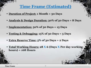 12Time Frame
Time Frame (Estimated)
• Duration of Project: 1 Month = 30 Days
• Analysis & Design Duration: 30% of 30 Days = 8 Days
• Implementation: 50% of 30 Days = 15 Days
• Testing & Debugging: 15% of 30 Days = 5 Days
• Extra Reserve Time: 5% of 30 Days = 2 Days
• Total Working Hours: 28 X 6 (Days X Per day working
hours) = 168 Hours
 