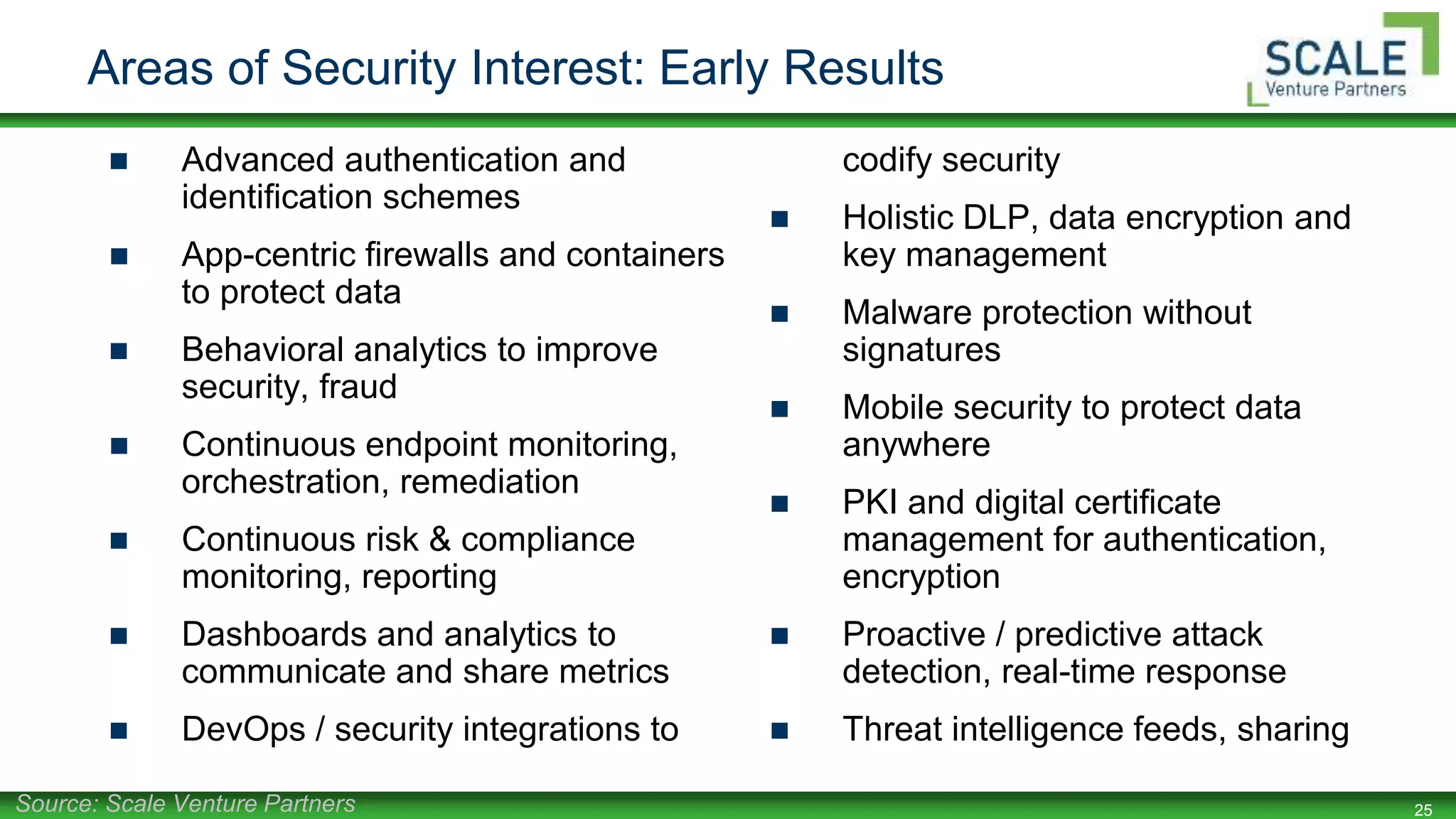 25
Areas of Security Interest: Early Results
 Advanced authentication and
identification schemes
 App-centric firewalls and containers
to protect data
 Behavioral analytics to improve
security, fraud
 Continuous endpoint monitoring,
orchestration, remediation
 Continuous risk & compliance
monitoring, reporting
 Dashboards and analytics to
communicate and share metrics
 DevOps / security integrations to
codify security
 Holistic DLP, data encryption and
key management
 Malware protection without
signatures
 Mobile security to protect data
anywhere
 PKI and digital certificate
management for authentication,
encryption
 Proactive / predictive attack
detection, real-time response
 Threat intelligence feeds, sharing
Source: Scale Venture Partners
 