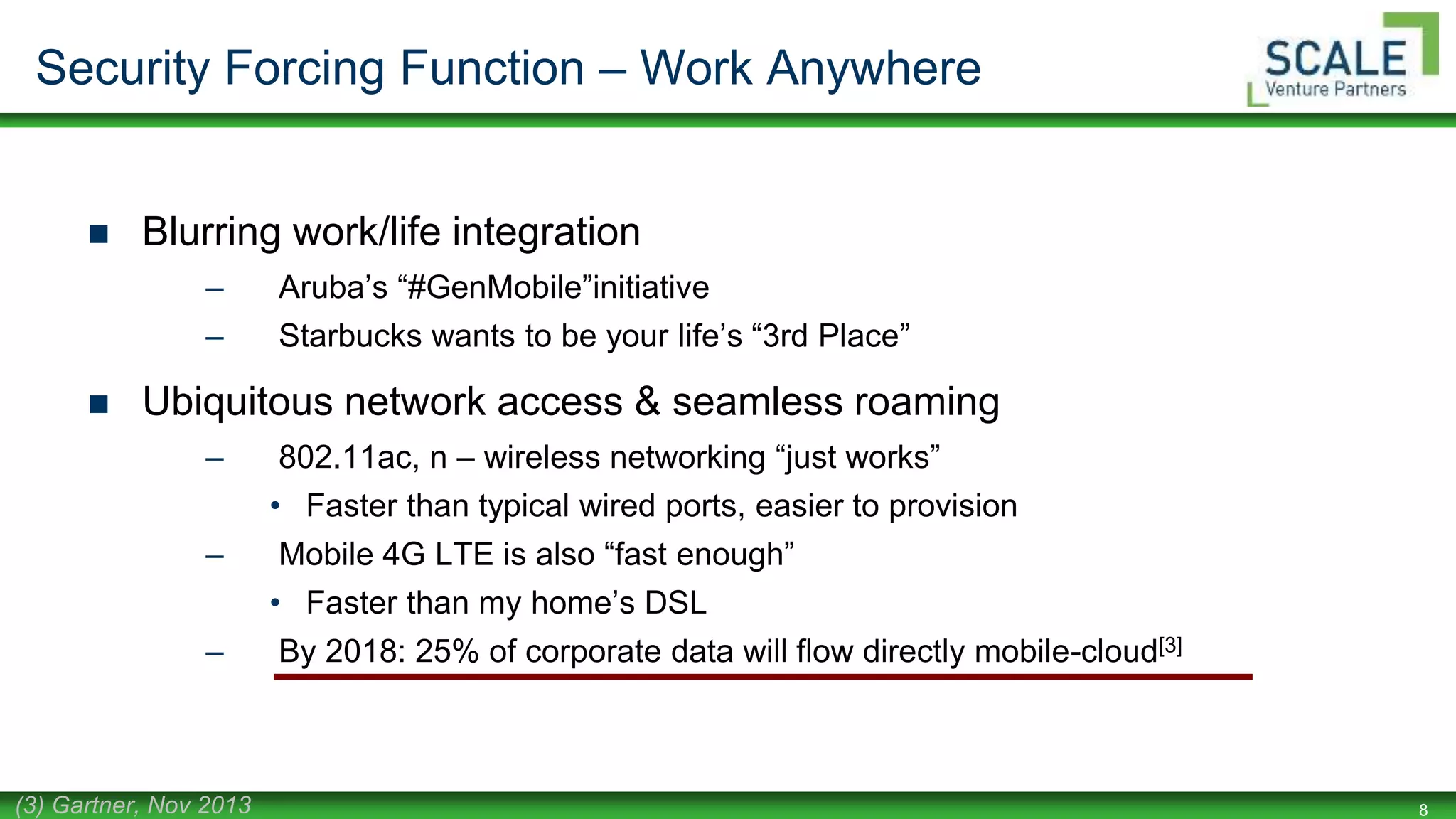 8
Security Forcing Function – Work Anywhere
 Blurring work/life integration
– Aruba’s “#GenMobile”initiative
– Starbucks wants to be your life’s “3rd Place”
 Ubiquitous network access & seamless roaming
– 802.11ac, n – wireless networking “just works”
• Faster than typical wired ports, easier to provision
– Mobile 4G LTE is also “fast enough”
• Faster than my home’s DSL
– By 2018: 25% of corporate data will flow directly mobile-cloud[3]
(3) Gartner, Nov 2013
 