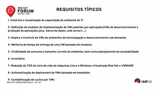 RED HAT FORUM SÃO PAULO - SET 25
1 -Controle e visualização de capacidade do ambiente de TI
2 -Definição de modelos de implementação de VMs padrões por aplicações(VMs de desenvolvimento e
produção de aplicações java, banco de dados, web servers ...)
3 -Deploy e Controle de VMs de ambientes de homologação e desenvolvimento sob demanda
4 -Melhoria do tempo de entrega de uma VM baseada em modelos.
5 -Visibilidade de consumo e tamanho correto de ambiente, bem como planejamento de escalabilidade
6 -Inventário
7 -Redução do TCO do ciclo de vida de máquinas Linux e Windows virtualizada Red Hat x VMWARE
8 -Automatização de deployment de VMs baseada em templates
9 -Contabilização de custos por VMs
REQUISITOS TÍPICOS
 