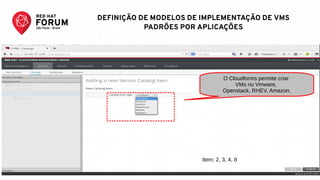 RED HAT FORUM SÃO PAULO - SET 25
DEFINIÇÃO DE MODELOS DE IMPLEMENTAÇÃO DE VMS
PADRÕES POR APLICAÇÕES
O Cloudforms permite criar
VMs no Vmware,
Openstack, RHEV, Amazon.
Item: 2, 3, 4, 8
 