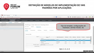 RED HAT FORUM SÃO PAULO - SET 25
Tipo de template, configurações de
Hardware, senhas iniciais, etc
Item: 2, 3, 4, 8
DEFINIÇÃO DE MODELOS DE IMPLEMENTAÇÃO DE VMS
PADRÕES POR APLICAÇÕES
 