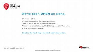 RED HAT FORUM SÃO PAULO - SET 25
RED HAT OPENSTACK TECHNOLOGY (TECHNICAL PRESO) | 2013
 