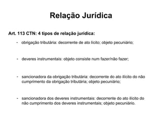Relação Jurídica

Art. 113 CTN: 4 tipos de relação jurídica:
   - obrigação tributária: decorrente de ato lícito; objeto pecuniário;



    - deveres instrumentais: objeto consiste num fazer/não fazer;



    - sancionadora da obrigação tributária: decorrente do ato ilícito do não
      cumprimento da obrigação tributária; objeto pecuniário;



    - sancionadora dos deveres instrumentais: decorrente do ato ilícito do
      não cumprimento dos deveres instrumentais; objeto pecuniário.
 