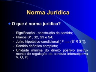 Norma Jurídica O que é norma jurídica? Significação - construção de sentido; Planos S1, S2, S3 e S4; Juízo hipotético-condicional [ F  (S’ R S’’)]; Sentido deôntico completo; Unidade mínima do direito positivo (instru-mento de regulação da conduta intersubjetiva V, O, P) 